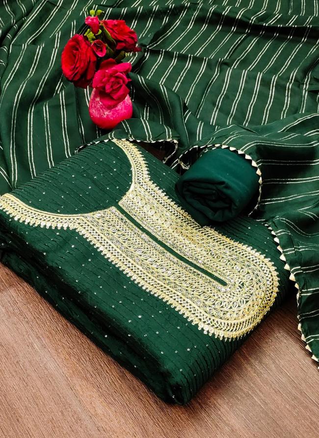 Chanderi Green Festival Wear Crosset Work Dress Material